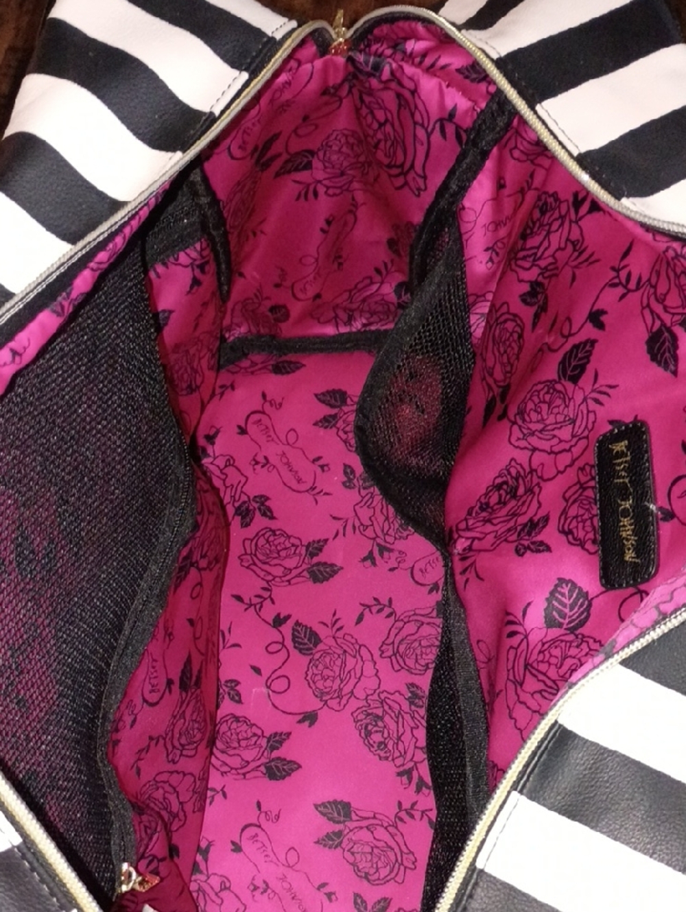 Striped Black & White Tote with Pink Bow - Picture 5 of 7